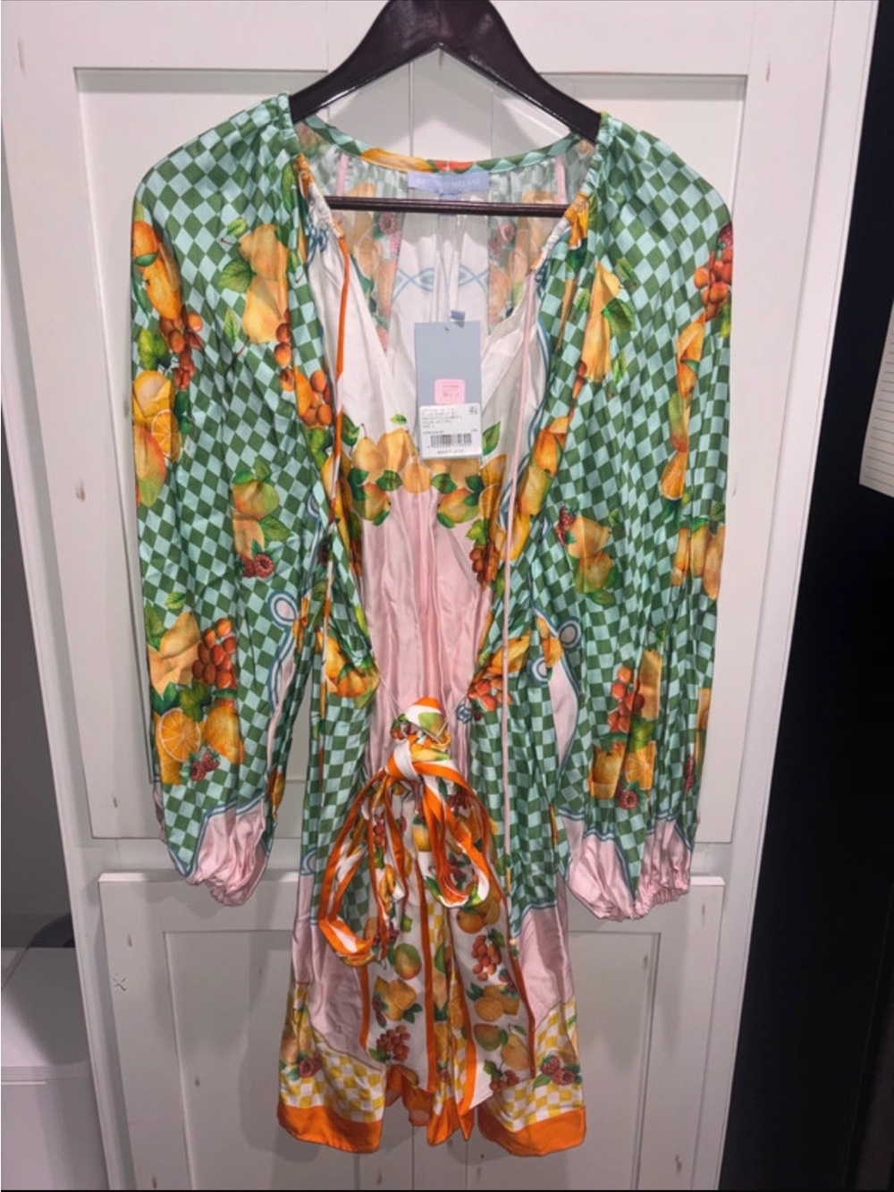 ANTONIO MELANI Green Check & Pink Fruit-Print Tie-Waist Dress